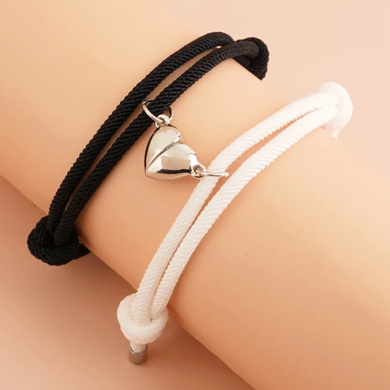 Magnetic Bracelet Stainless Steel Love Heart Pendant Charm Couple Bracelets For Lover Friend Braid Rope Bracelets Magnet Jewelry