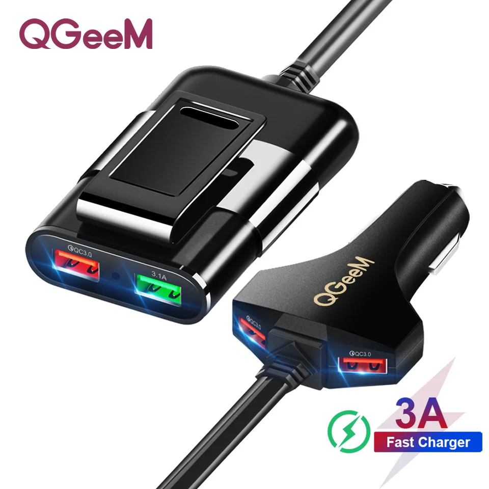 QGEEM 4 USB Car Charger for iPhone Quick Charge 3.0 Car Portable Charger Hammer Front Back QC3.0 Phone Charging Fast Car Charger