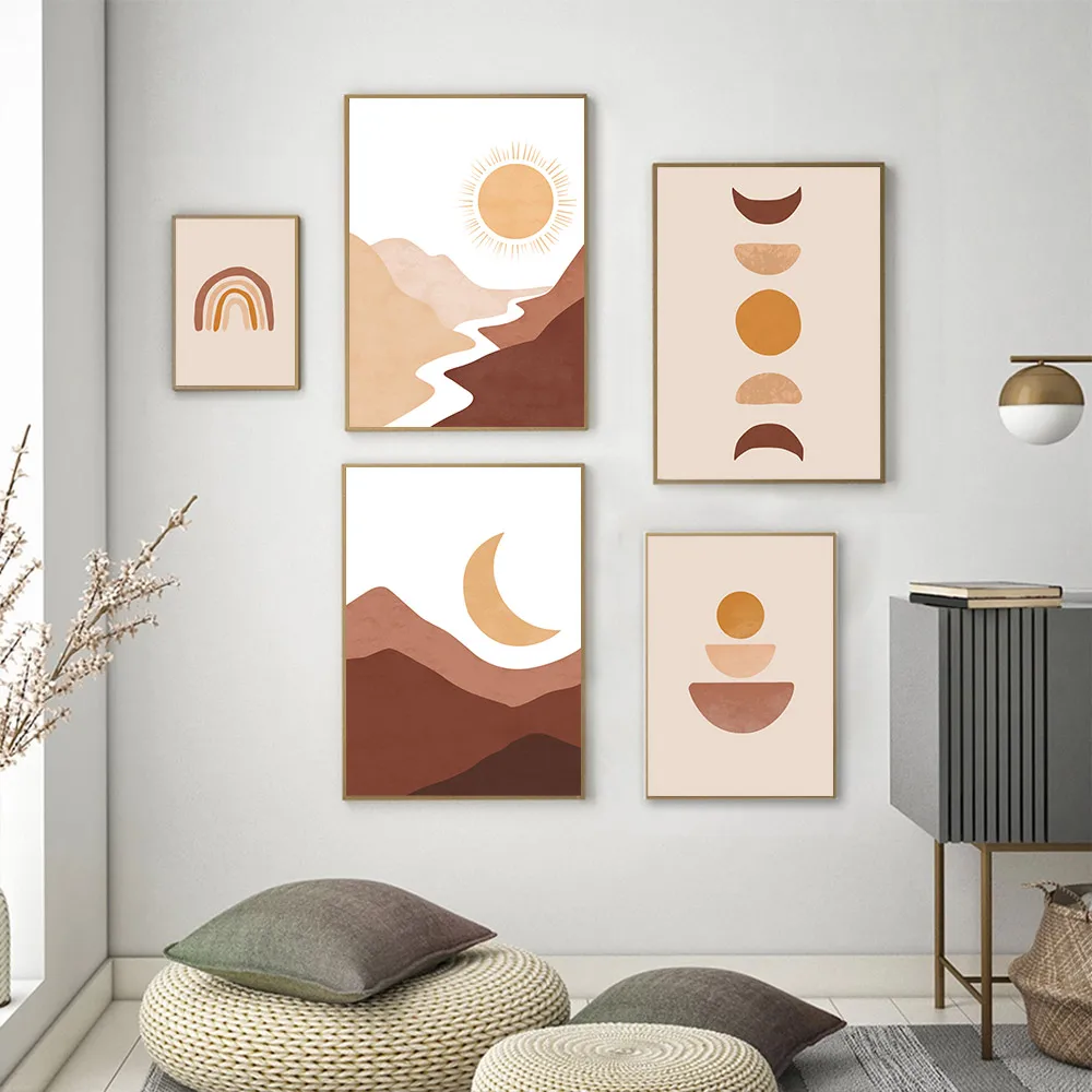 Абстрактный пейзаж Радужный настенный постер в стиле бохо с изображением солнца