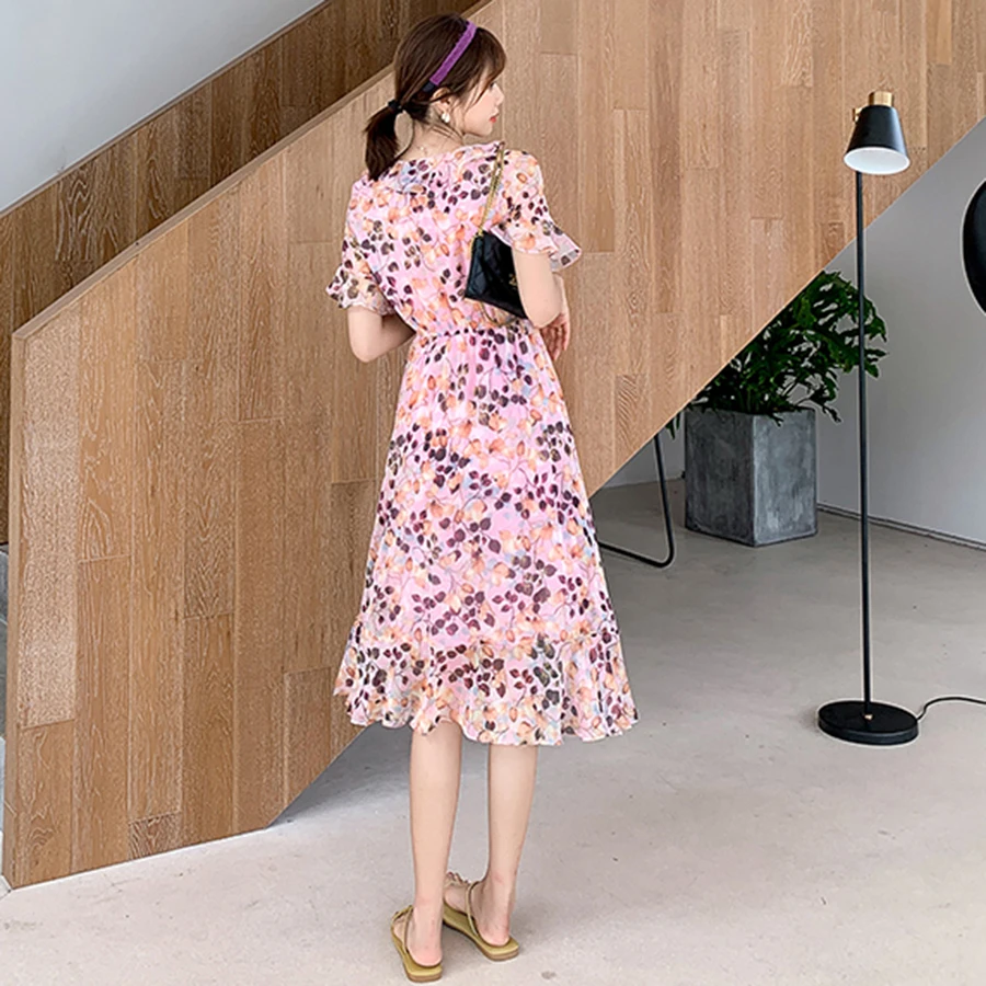 

2021 Summer Fashion Pink Floral Chiffon Sweet Sundress Vintage Elegant Plus Size Runway Midi Dress Women Bodycon Party Vestidos