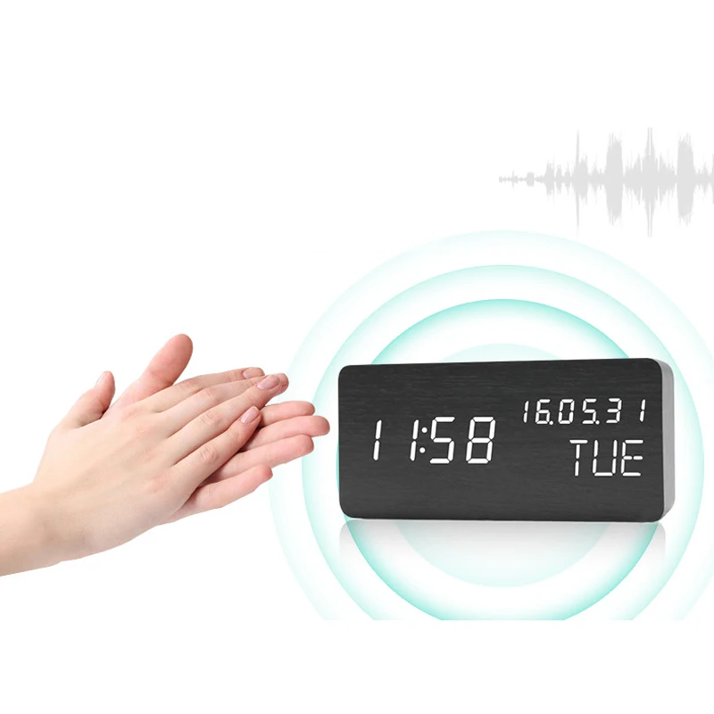 

USB Recharge Clocks LED Wooden Alarm Clock Voice Control Digital Wood Ornaments Electronic Alarm Clock Desktop Table Art Decor