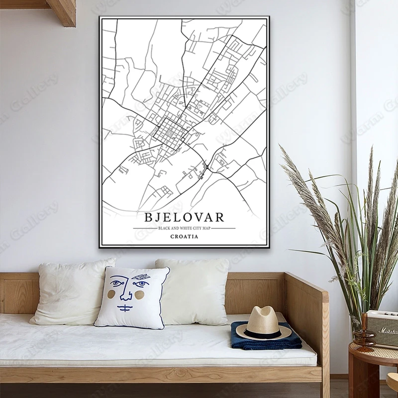 Черно-белая карта города Bjelovar Карта плакат HD печать настенное искусство холст