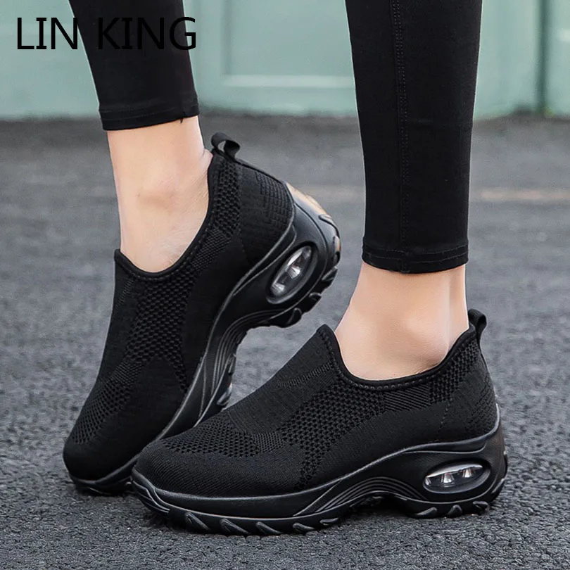 LIN KING/Женская обувь Новый дизайн Кроссовки Женские дышащие слипоны на танкетке