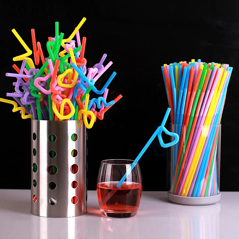 

100Pcs Fluorescent Plastic Bendable Drinking Straws Disposable Beverage Straws Wedding Decor Mixed Colors Party Supplies