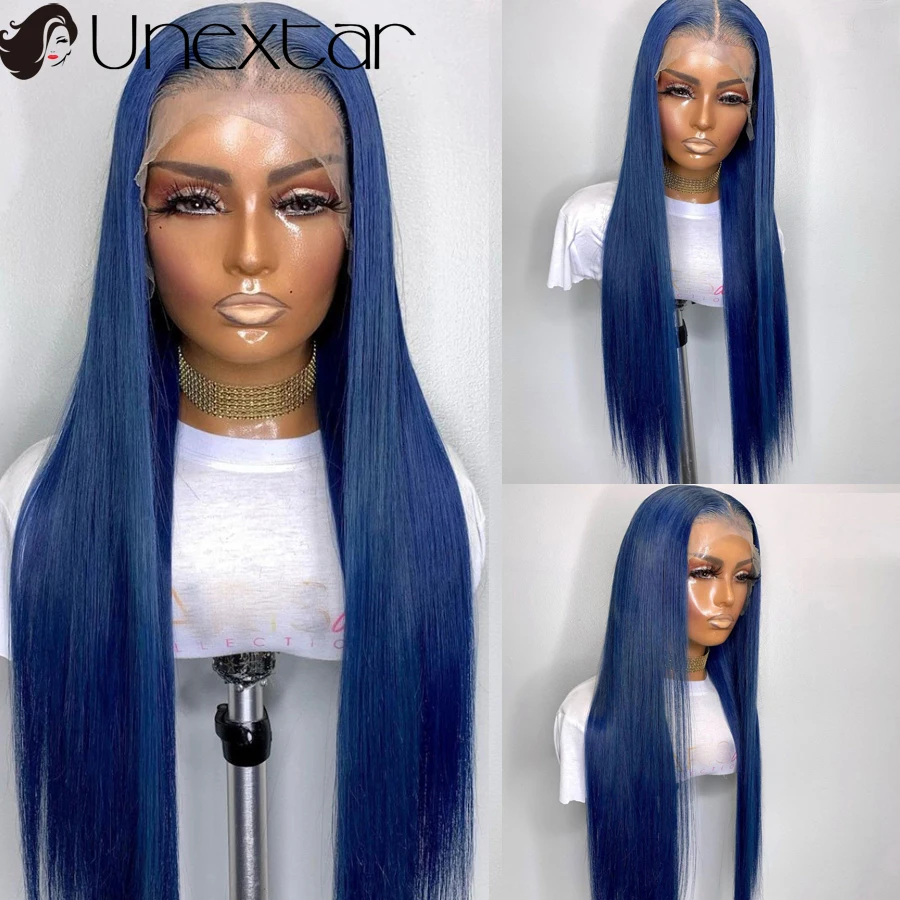 Blue Color Straight Wigs For Women Brazilian Remy Human Hair 13x4 Lace Front Straight Bob Wig Preplucked
