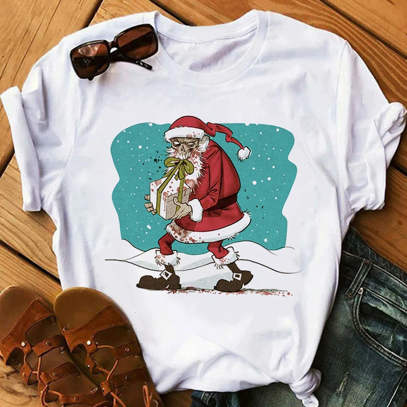 

WVIOCE Christmas Short Sleeve Women T Shirt Funny Cartoons Printed Tshirt Cute Letter Tshirt Female Harajuku White Loose Tops