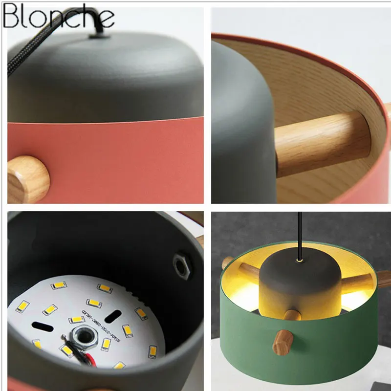 Nordic Wood Iron Pendant Lights Macaron Lampshade Led Hanging Lamp Industrial Decor Home Fixtures Kitchen Bar Lighting Luminaire | Лампы и