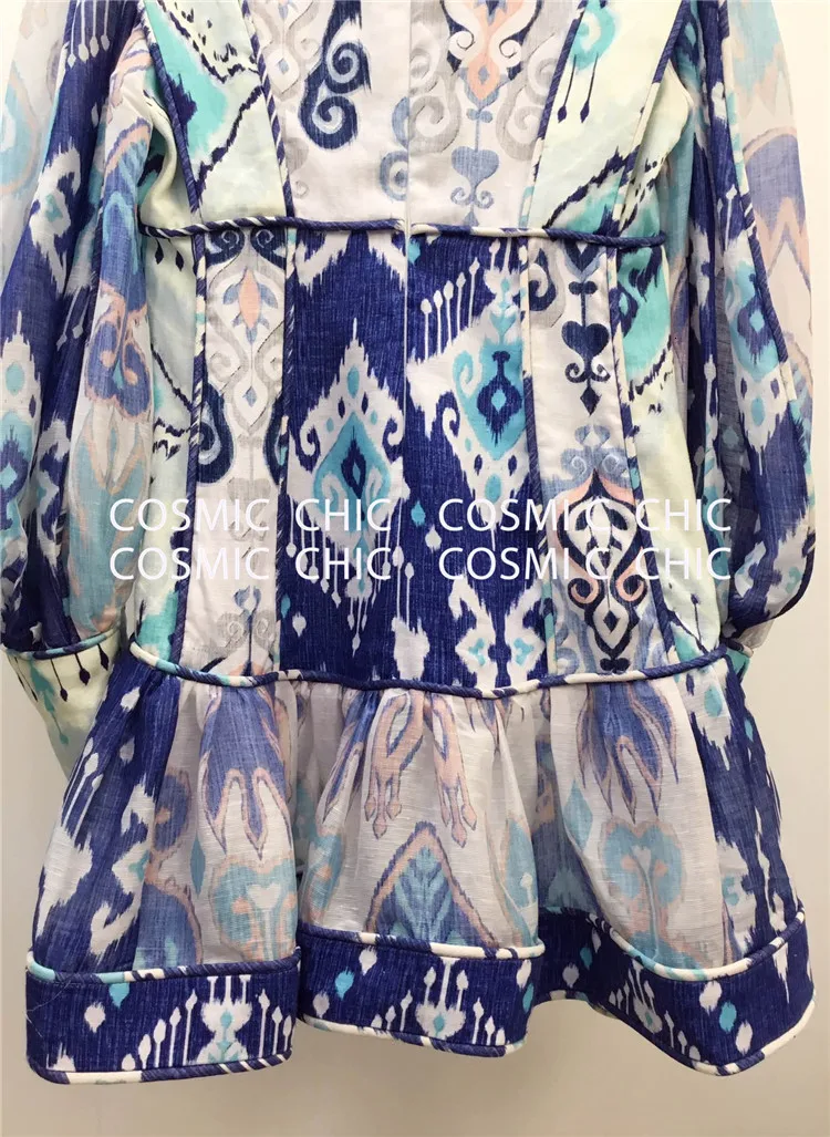 Cosmicchic фонарь с длинным рукавом Бохо льняное короткое платье со стоячим воротником принт рюшами Русалка мини сексуальное винтажное подиумное вечернее платье