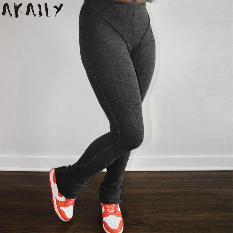 

Akaily 2021 Autumn Streetwear Black Stacked Pants Women High Waist Skinny Fitness Sweatpants Ladies Cotton Striped long Trouser