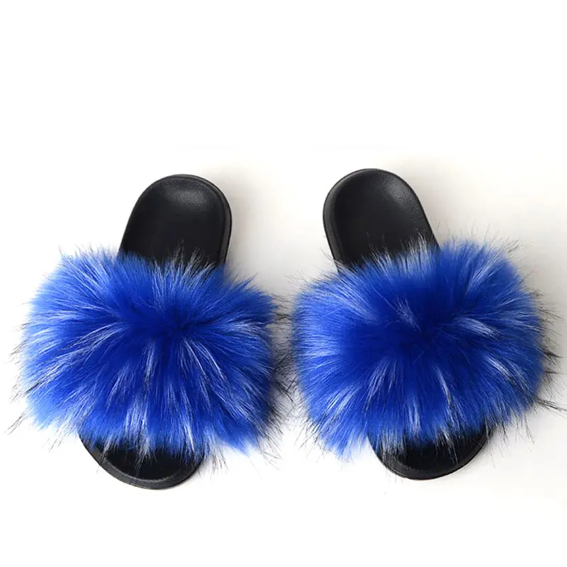 Royal blue Женские меховые тапочки; зимние теплые пушистые сланцы из искусственного меха; домашняя обувь на плоской подошве; пушистые шлепанцы; женские повседневные сандалии из пушистого плюша - Цвет: Royal blue