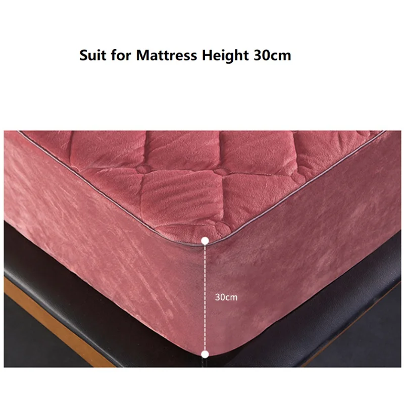 

Coral FleeceThicken Quilted Mattress Cover Short Plush Quilted Bed Fitted Sheet Queen Double Bed Cover Not Including Pillowcase