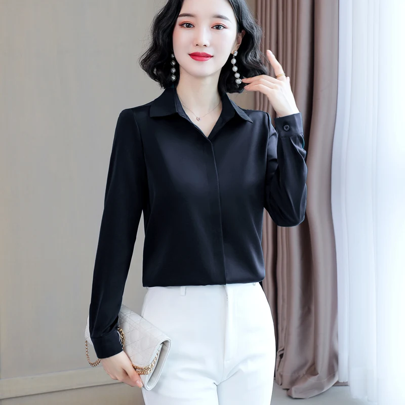 

2021 Springtime Elegant Women's Blouses Vintage Long Sleeve Shirts Satin Ladies Tops Fashion Grace Office Ladies Button Shirts