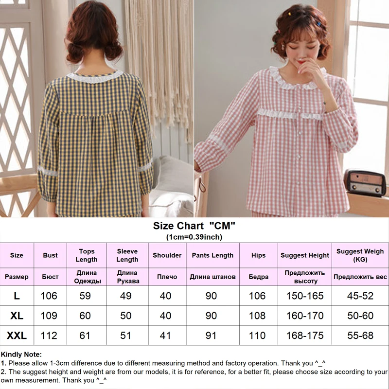 Women Pajamas Set Sleeping Suits Lace Plaid Cute Sleepwear Casual Home Clothing Female Pyjamas Princess Nightwear PJ Sets Pink