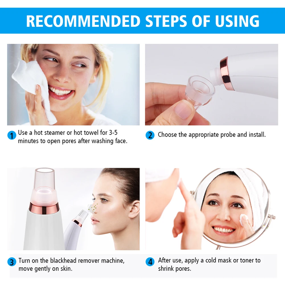 

Electric Blackhead Remover Vacuum Facial Pore Cleanser USB Rechargeable 3-Speed Settings with 6 Cleaning Tips