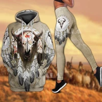 native goat head feather 3d print combo hoodie high waist legging women outwear leggings hooded pullover suit tracksuits