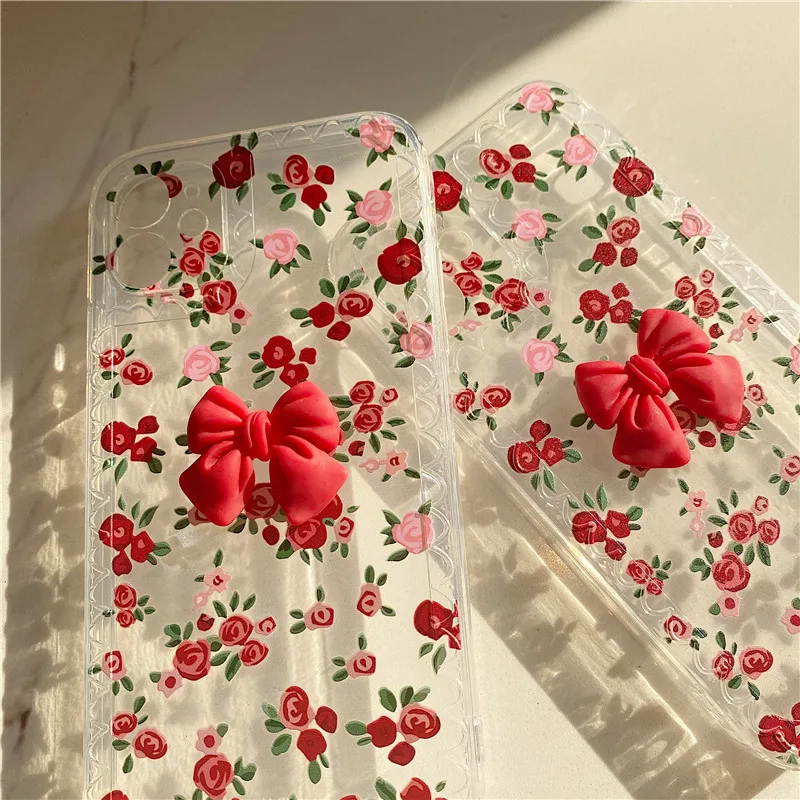 

Korean popular bowknot flowers clear Phone case For iphone 12 11 pro max mini Xs max xr x SE20 7 8 plus Soft silicone cute cover