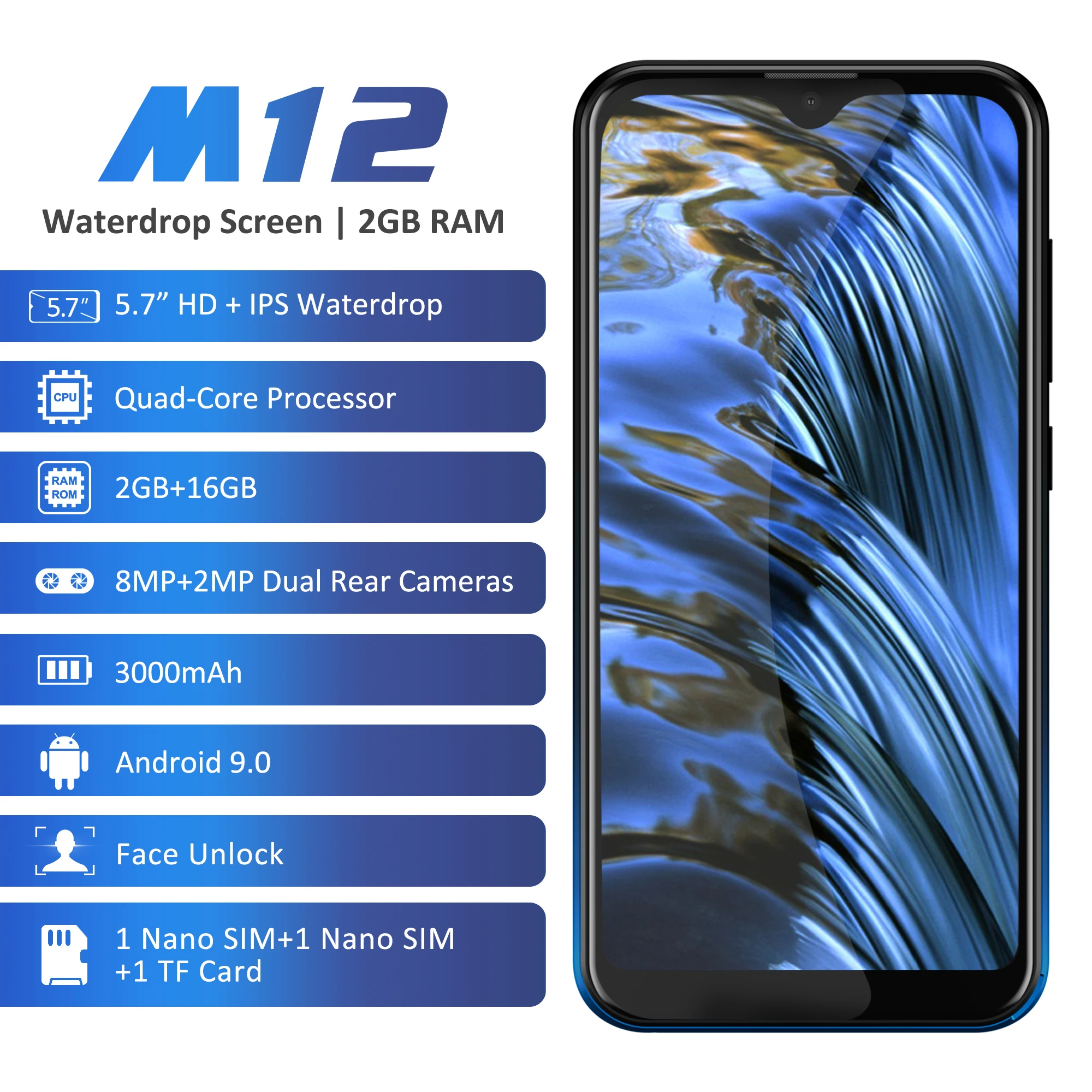 Мобильный телефон LEAGOO M12 5,7" HD+ Waterdrop экран 2 ГБ ОЗУ 16 ГБ встроенной памяти MT6739V 3000 мАч 8 МП камера Android-смартфон.