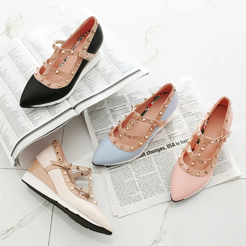 

Sexy Women's Wedges Shoes Rivet Fashion 2021 Flat High Heels Shoes Female Slip On Leather Casual Woman Spring Shoe New