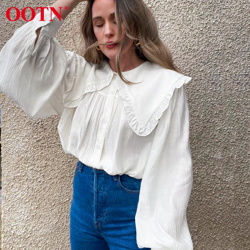 

OOTN White Lovely Shirt Peter Pan Collar Ruffled Pleated Spring Blouses Lantern Sleeve Pullover All-Match Sweet Blouses Women