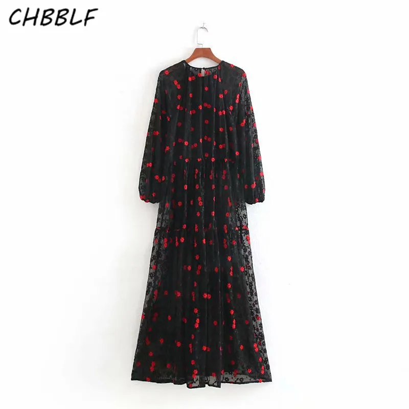 Женский стильный комплект из двух предметов, платье-миди с вышивкой, O-образный вырез, длинные рукава, повседневное черное шикарное платье, модель CDC9390.
