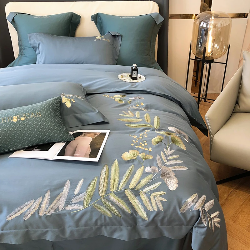 

Luxury 1000TC Egyptian Cotton Embroidery Bedding Set Satin Silky Double Duvet Cover Set Bed Sheet Pillowcases Home Textile