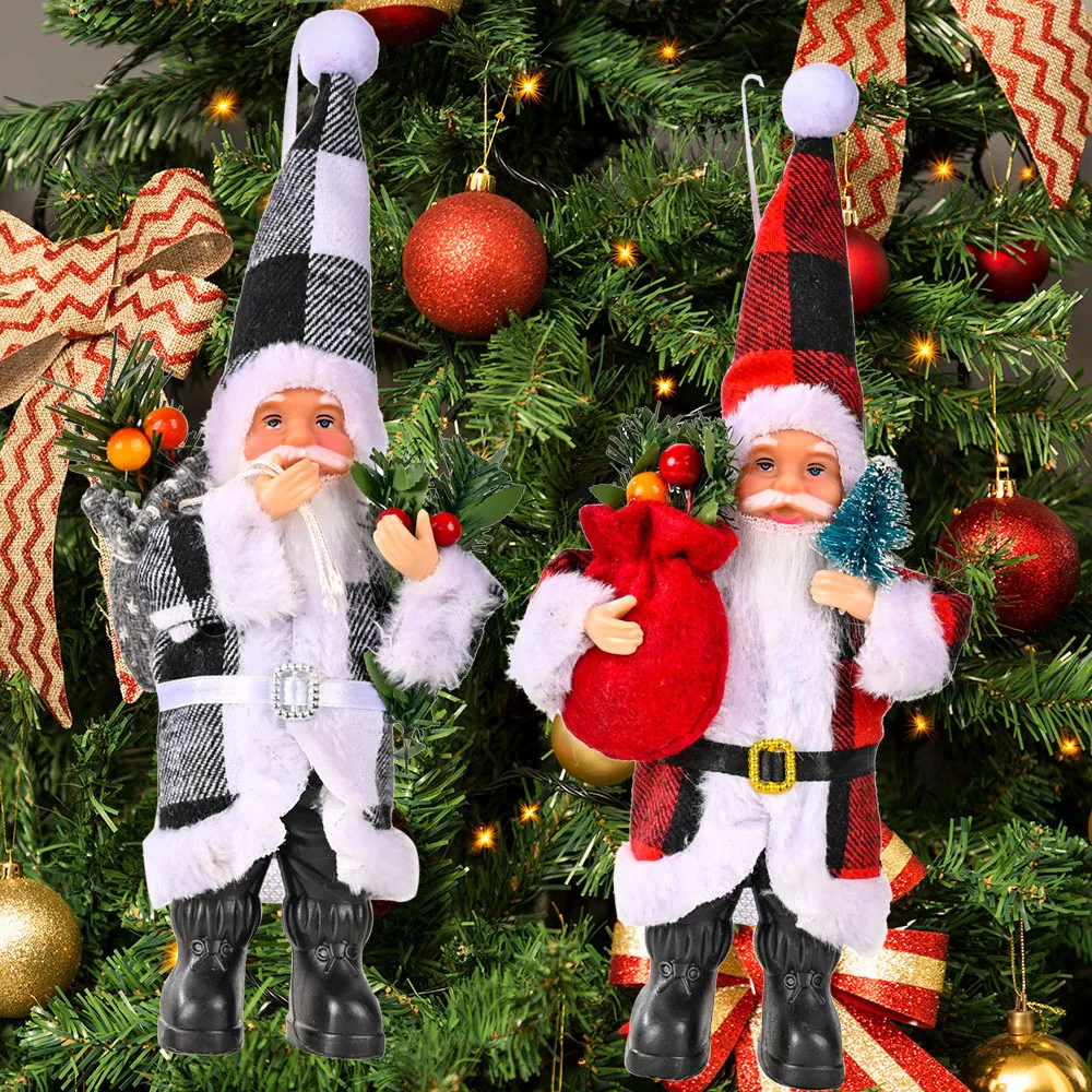 

1pcs Christmas Resin Santa Claus Doll Ornaments Plaid Cloth Santa Doll Home Shopping Mall Decorations