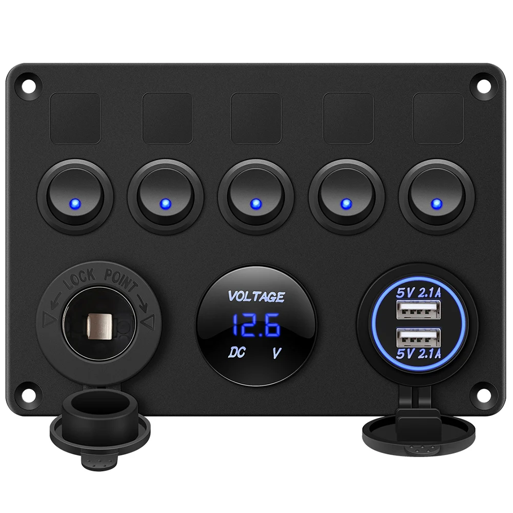 Blue Switch Panel 5 банд переключатель панель 12 В/24 В Цифровой вольтметр кулисный переключатель синий светодиодный светильник с сигаретой светильник er Dual USB для RV автомобиля лодки грузовика - Цвет: Blue Switch Panel