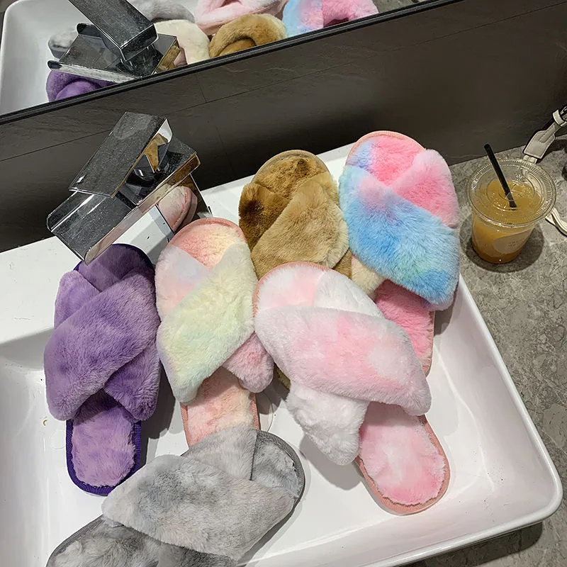 

Women Fluffy Slipper Winter Cross-tie Plush Slippers Flat Shoes Warm Faux Fur Slipper Home Ladies Shoes
