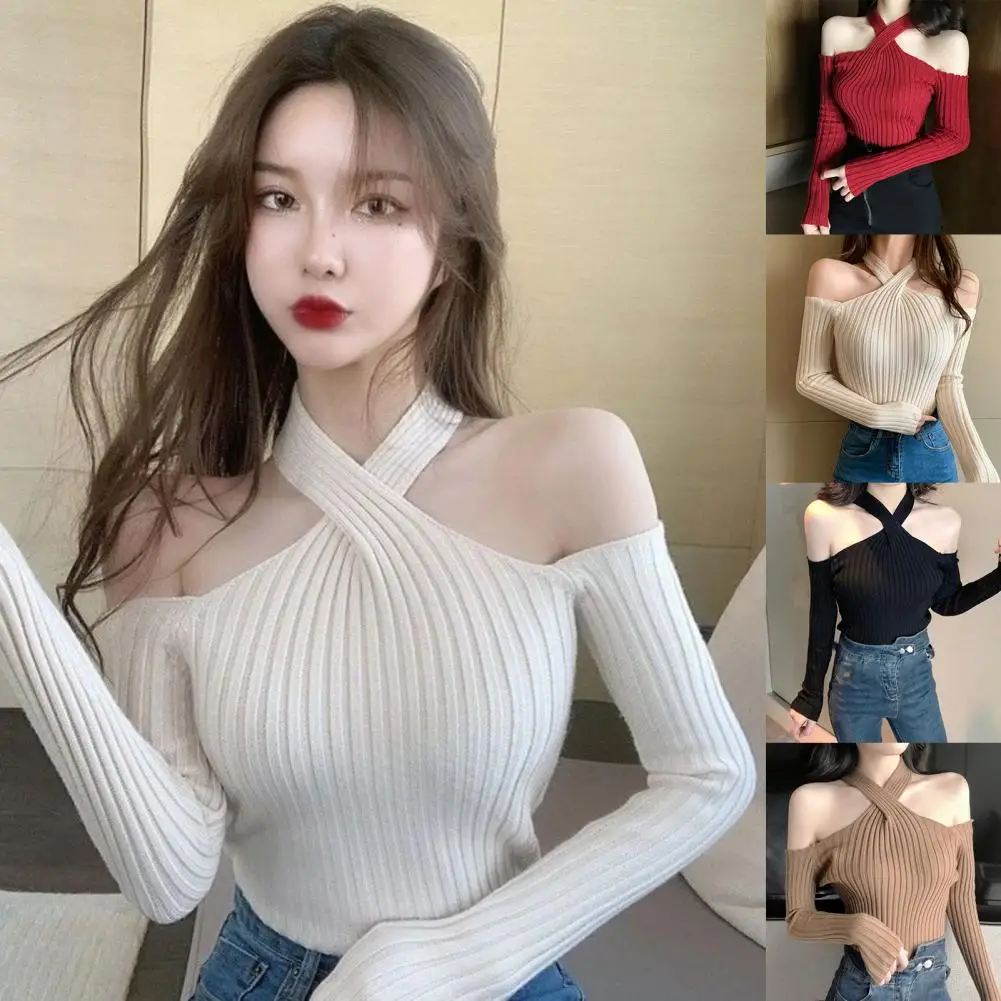 

One Size blouse women 2021 Knitwear women Sexy Long Sleeve Cold Shoulder Halter Ribbed Pullover Knitwear Slim Blouse Tops