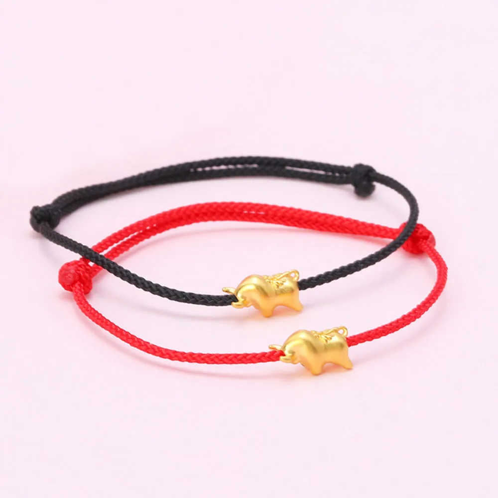 

999 настоящий женский браслет из желтого золота 24 карата с бусинами 3D Luck OX красный/черный плетеный браслет из шнура/лучший подарок