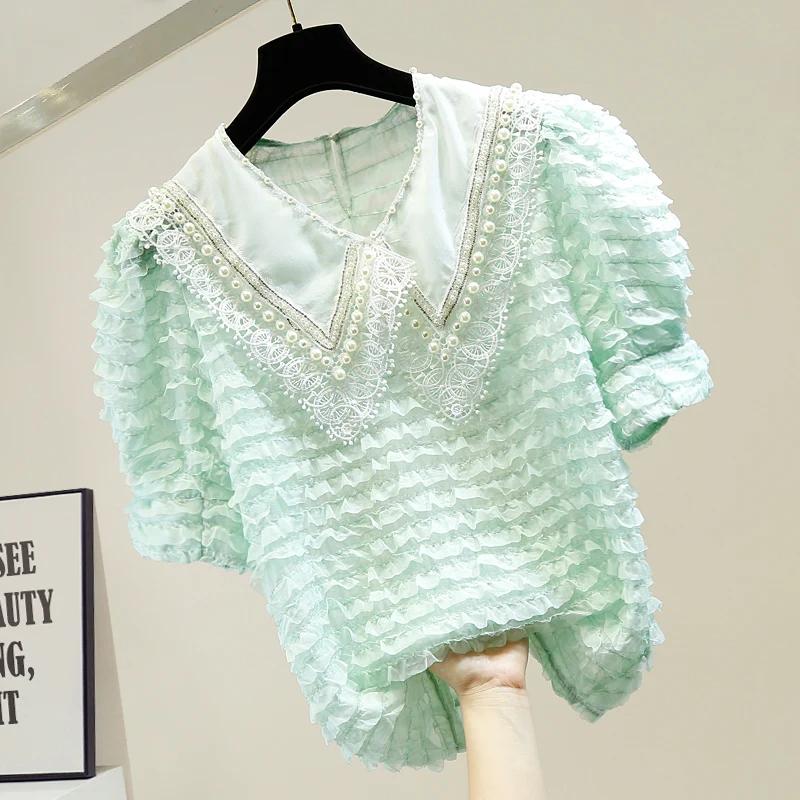 Летняя кружевная рубашка для женщин ручной работы украшенная бисером и