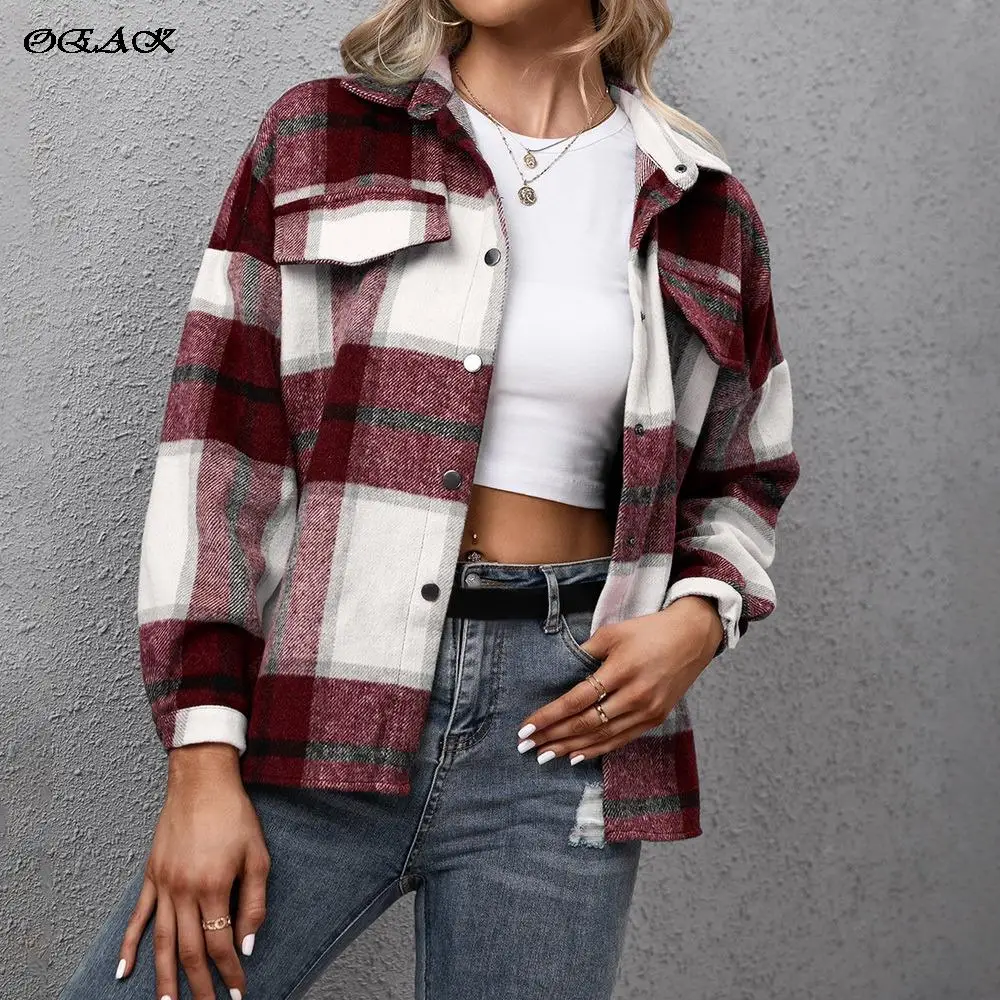 

OEAK Women Casual Single Breasted Jacket Outfit Fashion Plaid Long Sleeve Jacket Female Autumn Cotton Thick Coats Loose Outwear