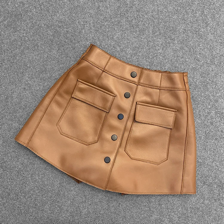 Spring Autumn High quality Sheepskin Real leather short pants Fashion women's casual genuine leather pockets pantskirt C634