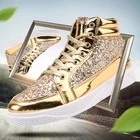 Мужские высокие кроссовки, повседневная обувь с блестками, на шнуровке, для ночного клуба, цвет золото