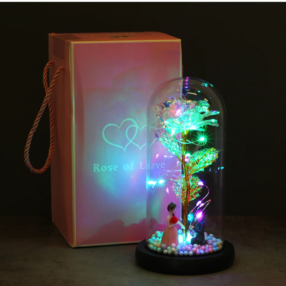 

Artificial Flower Home Decor Glass In Cover With Lights Valentine Mother's Day Wedding Gift for Women