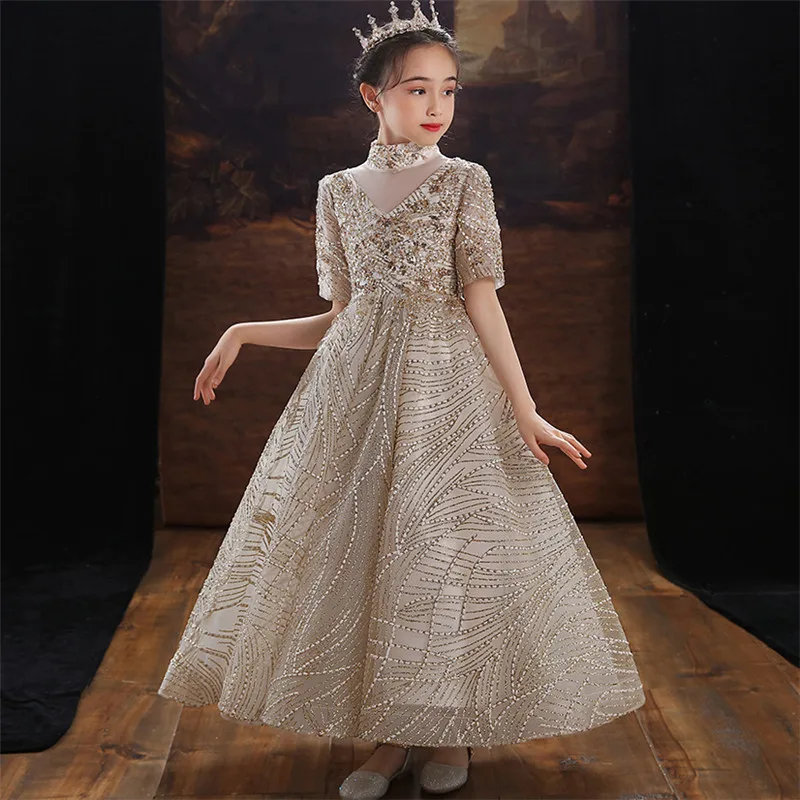 Children Girls Exquisite Design Sequined Birthday Party Wedding Ceremony Princess Prom Dress Model Show First Communication Wear