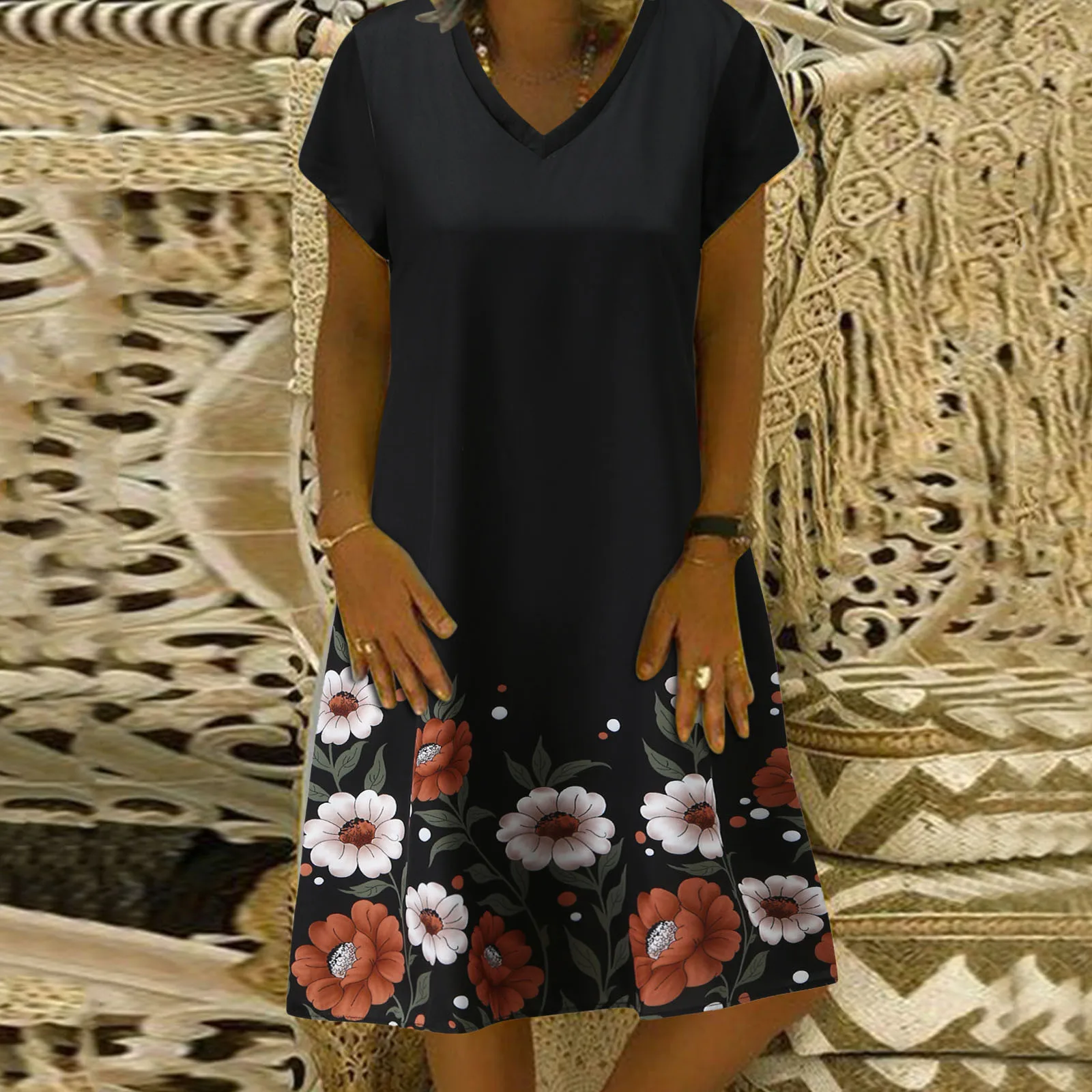 

Handkerchief Hem Dress Vestidos De Festa Womens Summer Printed Casual V-neck Ladies Dress Beach Short Sleeve Dress Tie Waist