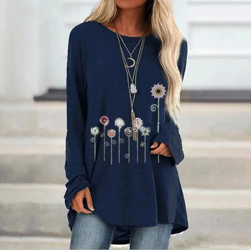navy blue Женская туника, топы размера плюс 5XL, осенне-зимняя повседневная футболка с круглым вырезом и принтом, топы с длинным рукавом и принтом, blusas mujer de moda - Цвет: navy blue
