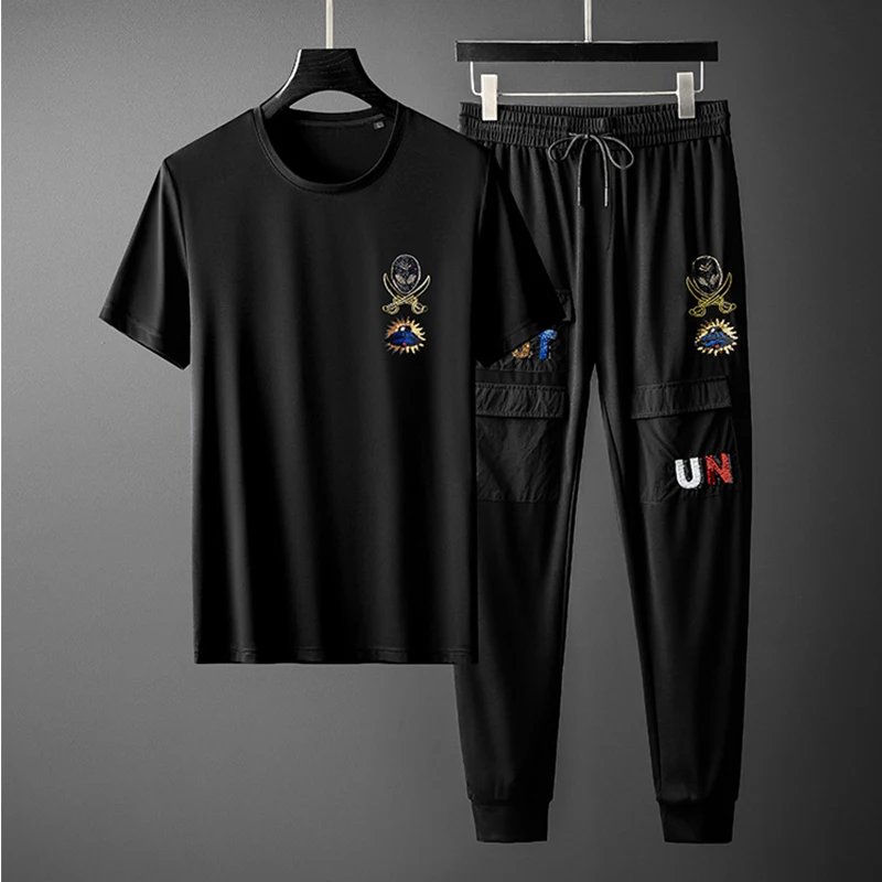 European goods short-sleeved suit men's summer ice silk hot diamond alien sports and leisure running T-shirt overalls two-piece