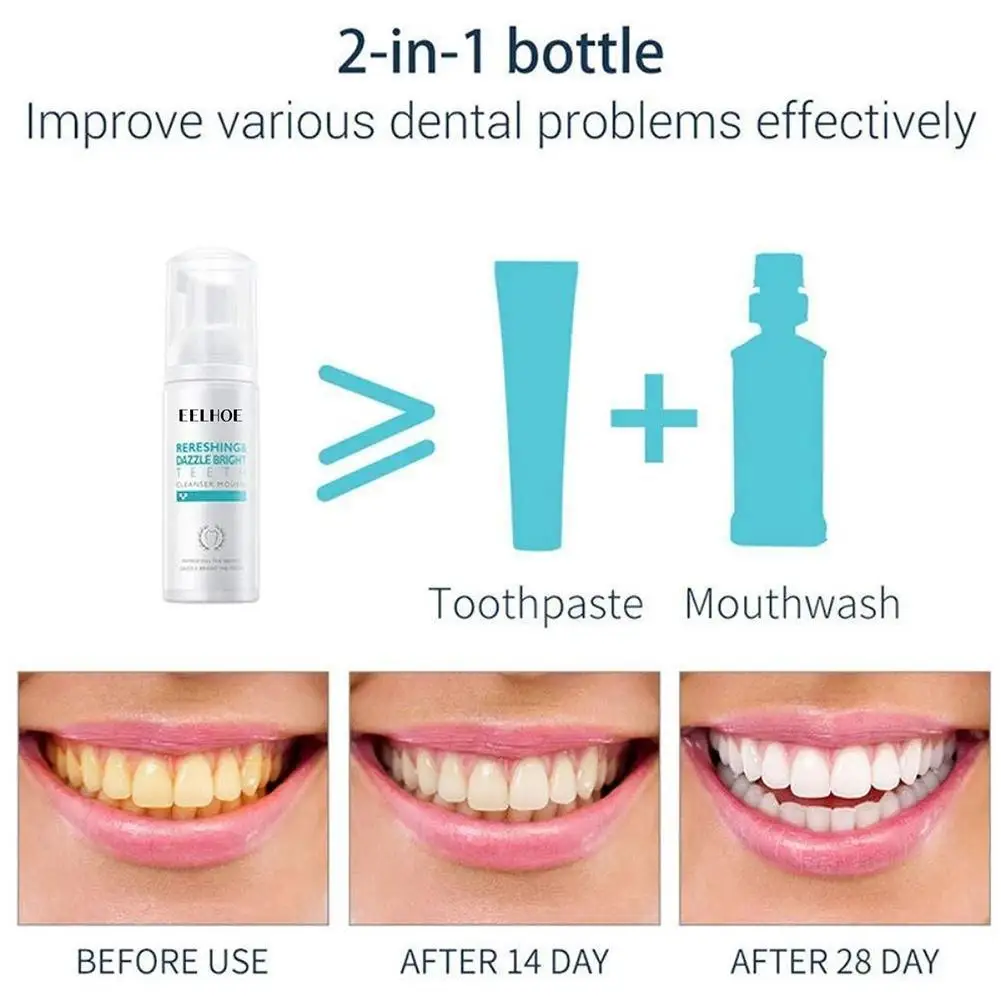 

1pc 60ml Tooth Whitening Bleach Hygiene Mousse Removes Stains Care Mouth Foam Stain Cleaning Remove Plaque Toothp K4K8