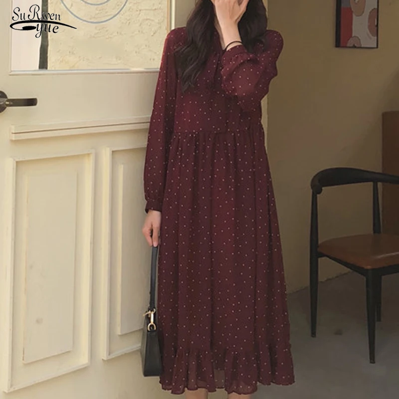 

Женское шифоновое платье в горошек, элегантное винтажное Свободное длинное платье-трапеция с принтом, на шнуровке, осень 2021