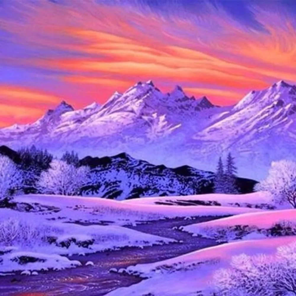 Round Diamond Fashion Painted Snow Landscape Sunset Embroidery DIY Painting Cross Stitch | Дом и сад