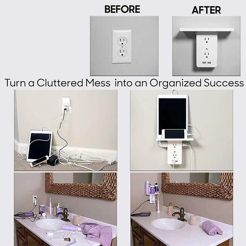 New Phone Honlder Switch Socket Rack Socket Shelf 6 Electrical Outlet Extenders Surge Protector Wall Outlet 2 USB Charging Ports