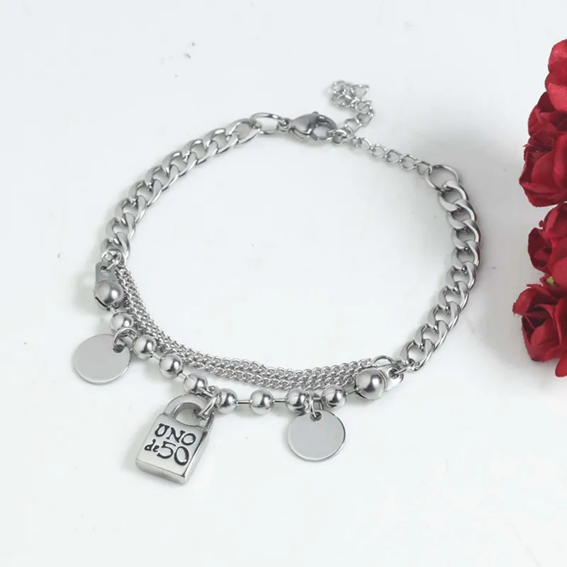 

Hot Fashion Women Men Silver Color Gold Stainless Steel Roud Ball Bead key Uno 50 Lock Weave Chain Bracelet Jewelry