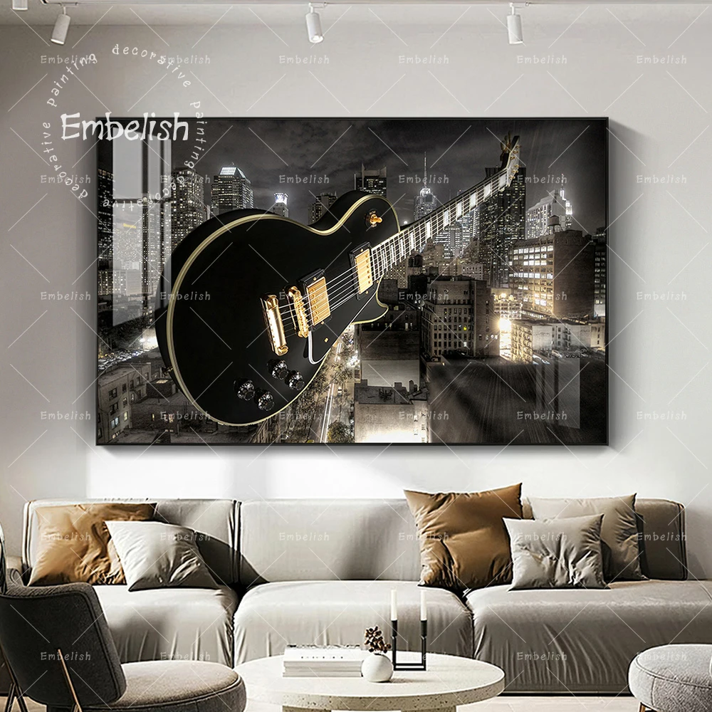 

Embelish 1 Pieces HD Print Canvas Painting For Living Room Guitar And City Buildings Wall Art Modular Pictures Home Decor Poster