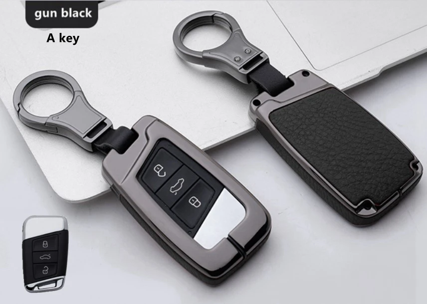 A key gun black Высококачественный автомобильный кожаный и металлический чехол для ключей, брелок для Volkswagen Tiguan MK2 CC Passat B8 для Skoda A7 Octavia Superb - Название цвета: A key gun black