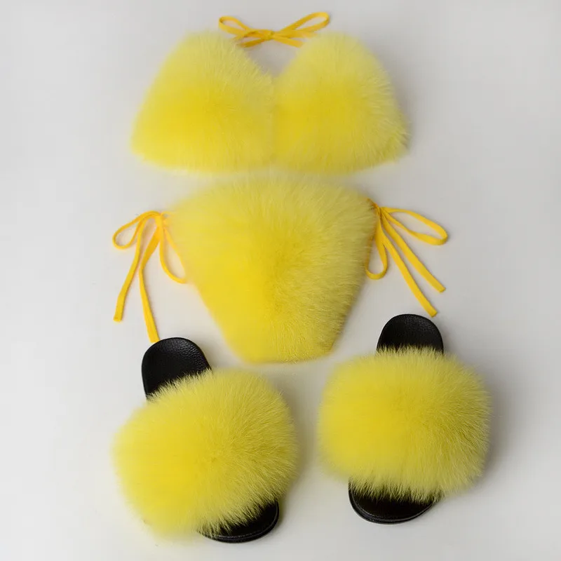 Yellow sets Модные женские шлепанцы; бюстгальтер бикини из натурального Лисьего меха; летняя пляжная обувь; женское нижнее белье; съемный Толстый Пушистый комплект бикини из натурального меха - Цвет: Yellow sets
