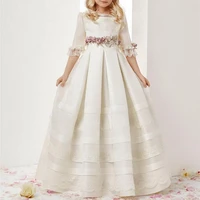 ivory white vintage flower girls dresses ball gown appliqued satin girls pageant birthday gowns first communion dress