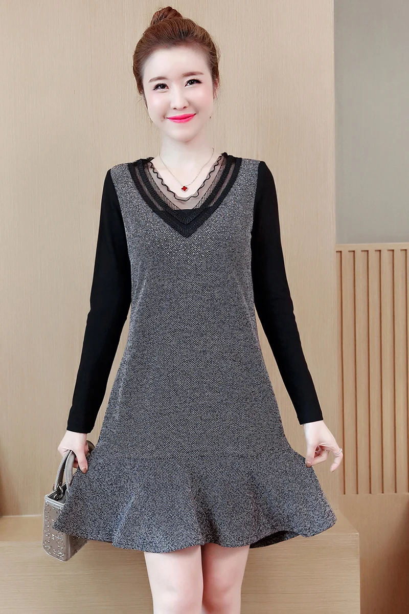 

COIGARSAM 5XL Plus Size Fashion Patchwork Women one-piece dress korean Spring Mesh Dresses 9333