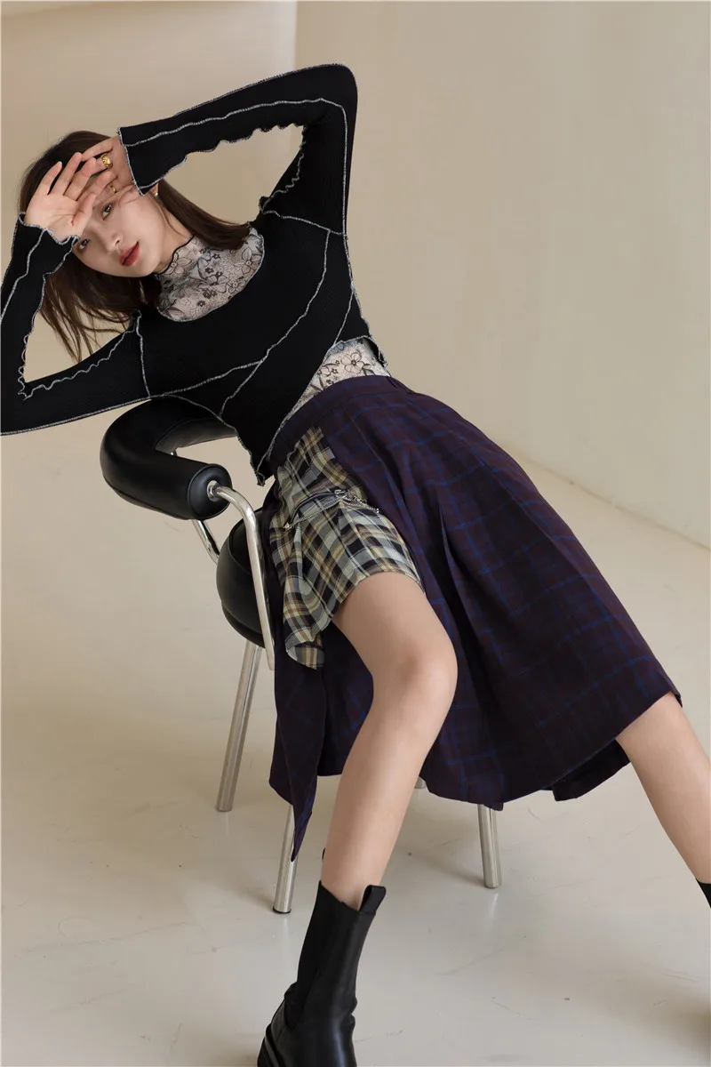 

2021 NEW gothic Women Skirt Sexy Irregular Stitching Skirt Female Mid-length Fake 2-piece Set High Waist Punk Pleated Skirts